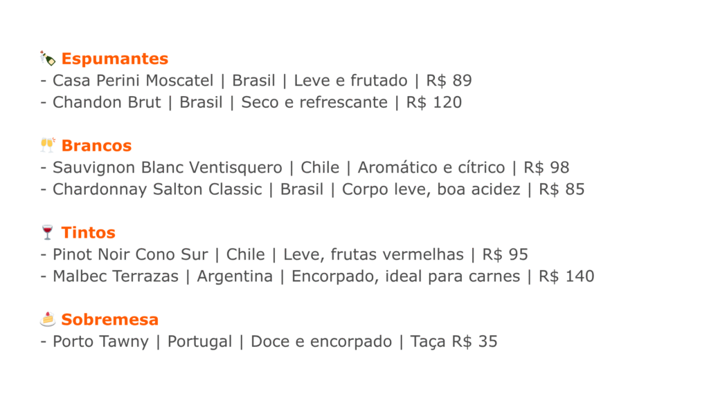 Exemplo de carta de vinhos para restaurantes
