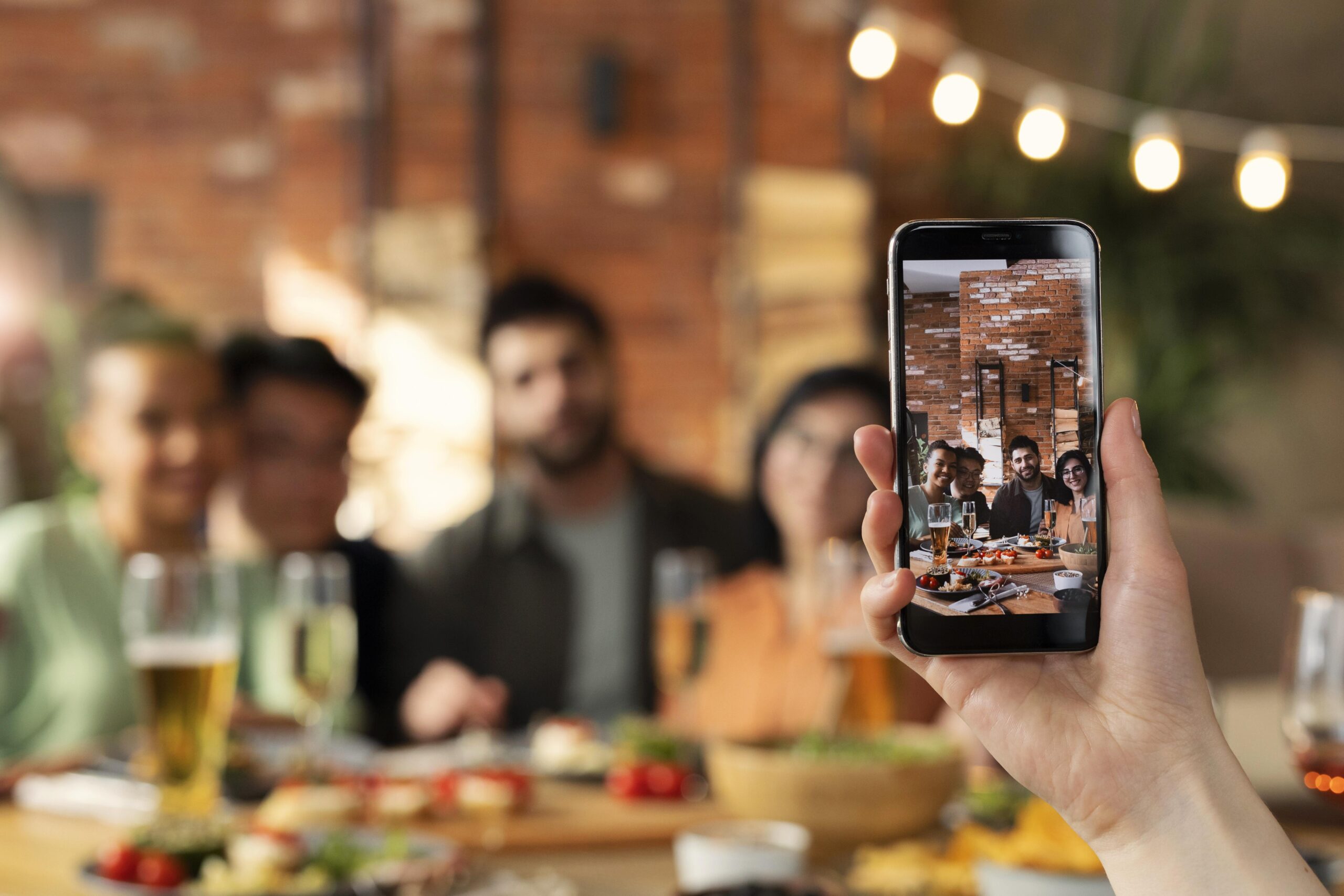 Pessoa fotografa amigos em um restaurante instagramável, com decoração aconchegante e clima descontraído
